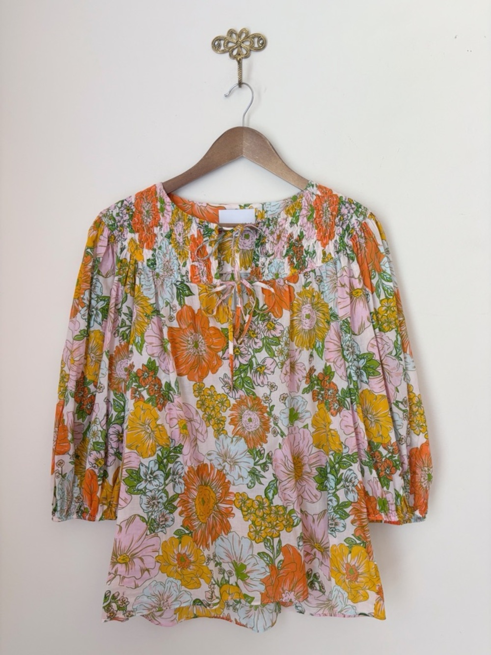 Gilner Farrar Floral Cotton Tie Front Balloon Sleeve Blouse Medium Boho Summer